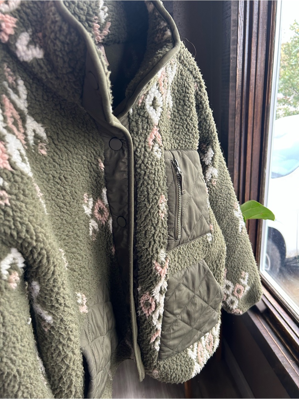 Como Vintage M Olive Floral Sherpa Fleece Jacket Quilted Pockets